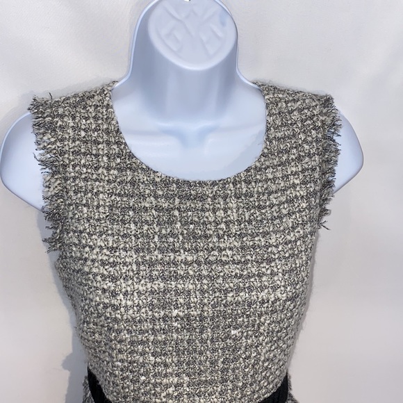 J. Crew Metallic and White Knit Tweed Fringe Velvet Trim Sheath Dress size 10p - Picture 4 of 16